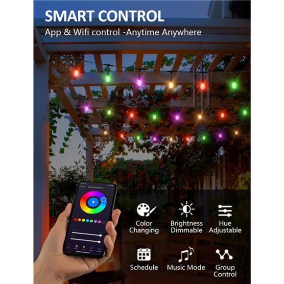 Outdoor String Lights, Smart 98Ft RGBW Patio Lights Waterproof, App Control - Picture 2 of 7
